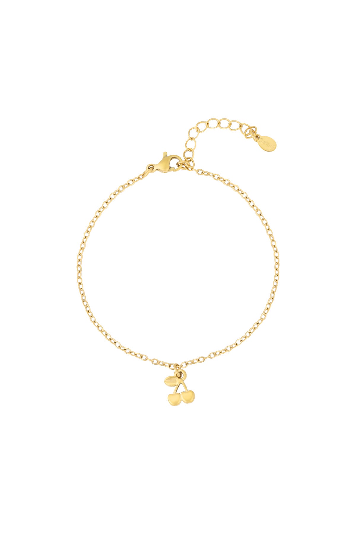 Goldenes feines Edelstahl Armband mit kleinem Anhänger in Kirschenform.