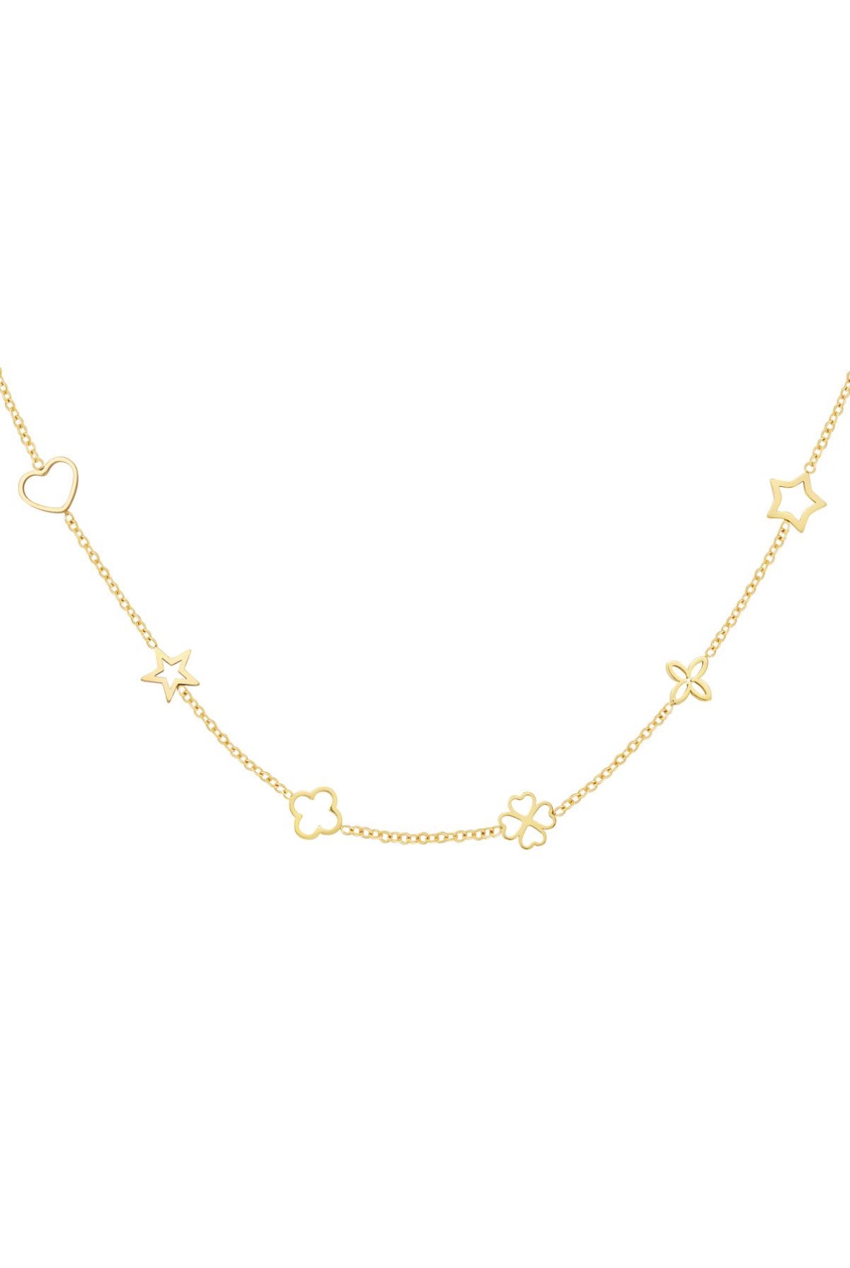 Filigrane feine Edelstahl Halskette mit Blumen und Kleeblättern und Herz in Gold.