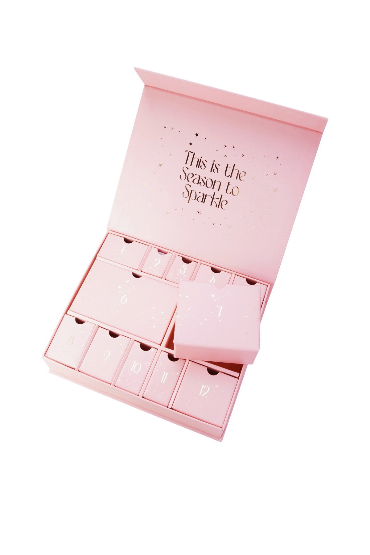 Adventskalender Schmuck Gold – edle Geschenkbox in Rosa mit goldener Aufschrift Christmas Countdown