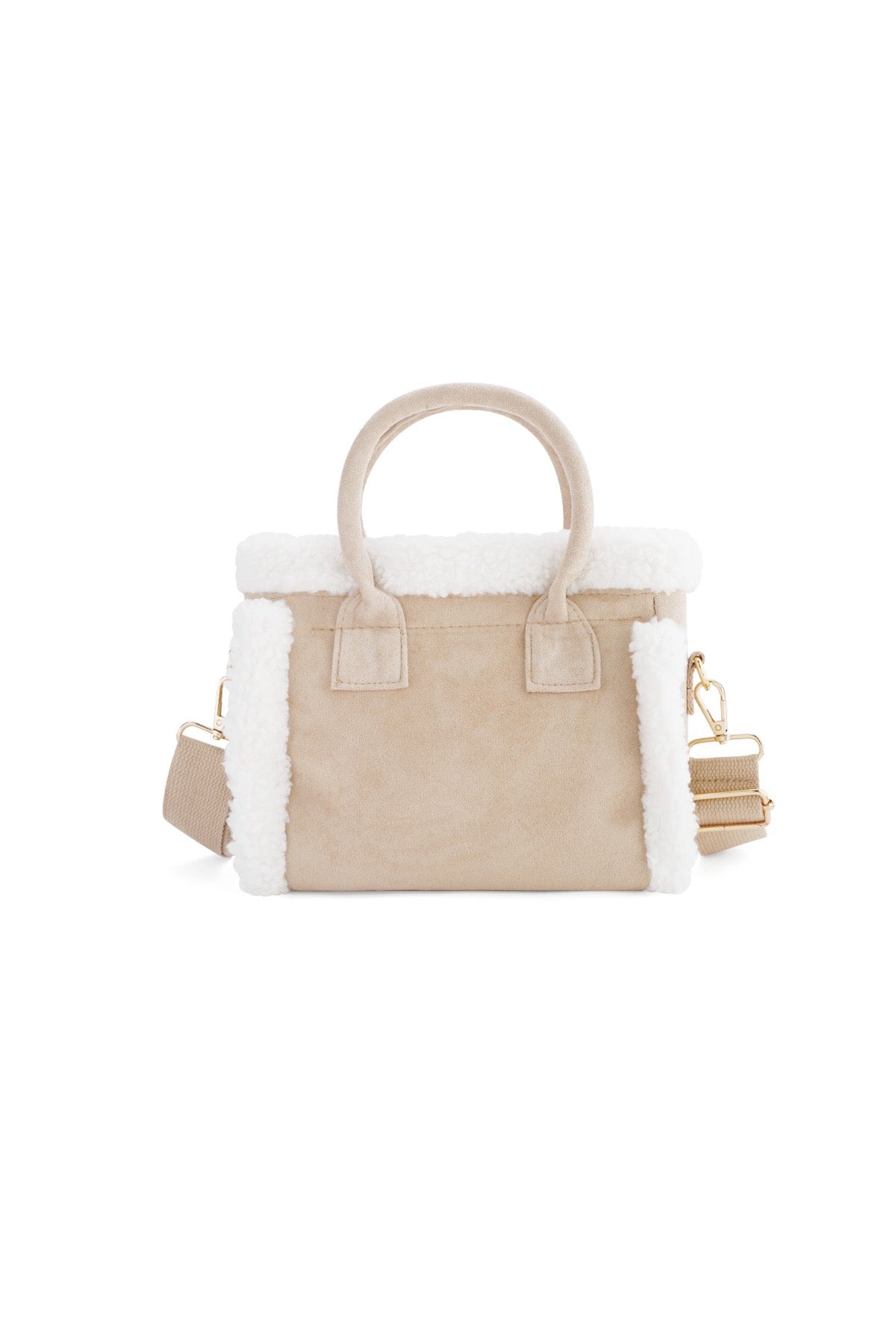 Beige Teddy Bag mit weißen Teddy-Details, Vorderansicht.