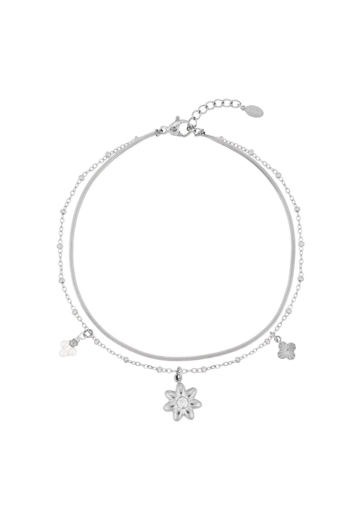 Edelstahl Fußkettchen silber mit Blüten- und Perlenanhängern