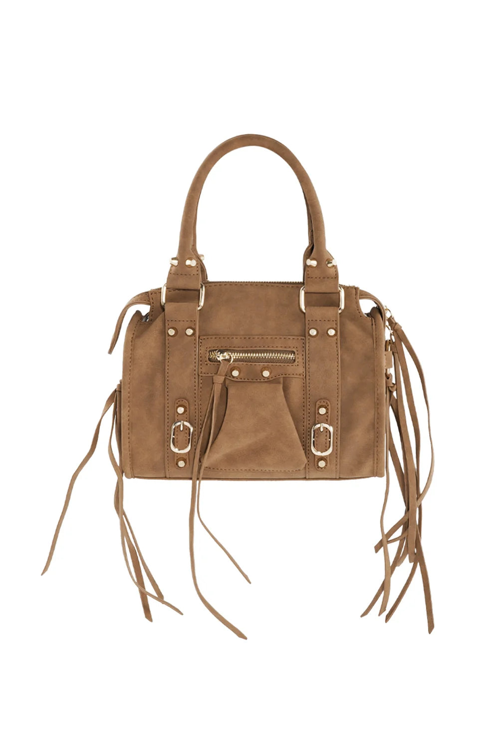 Braune Wildleder Handtasche mit Fransen und goldfarbenen Details freigestellt
