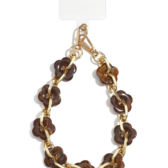 Handykette mit braunen Acryl-Blüten im Tortoise-Look, goldene Kette