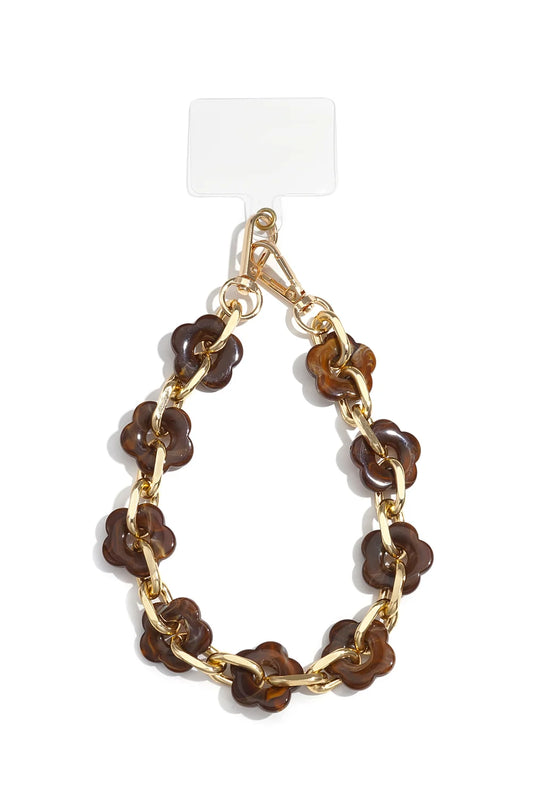 Handykette mit braunen Acryl-Blüten im Tortoise-Look, goldene Kette
