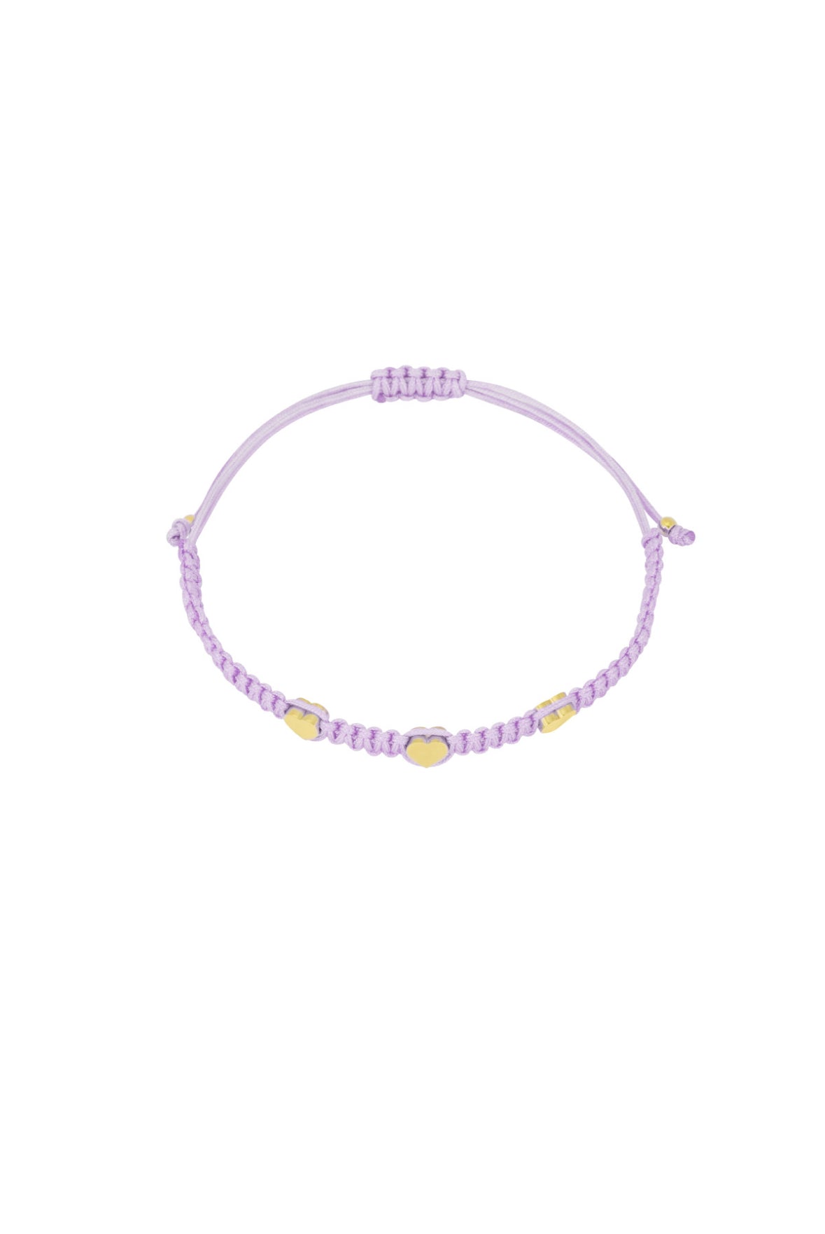Flieder farbenes Makrame Armband mit drei goldenen Edelstahl Herzen.