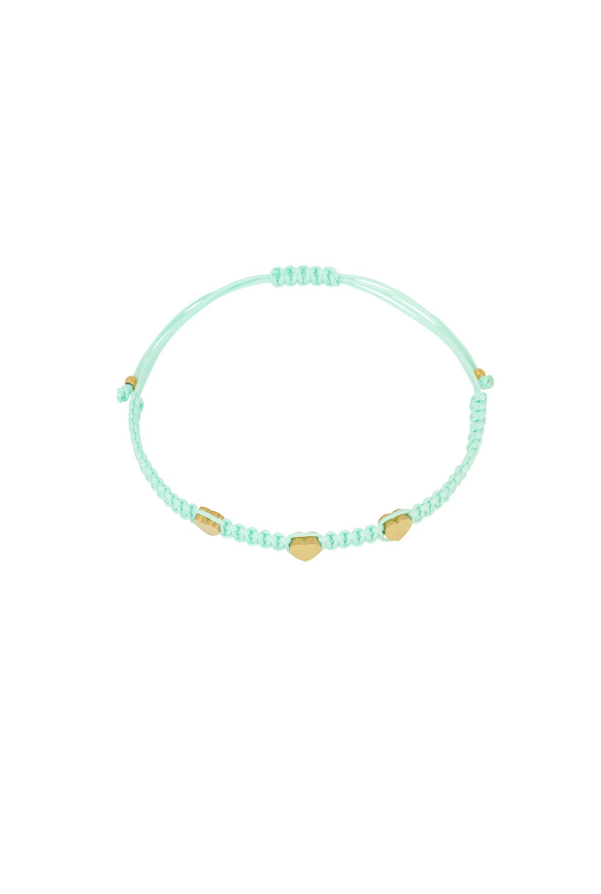 Mint farbenes Makrame Armband mit drei goldenen Edelstahl Herzen.