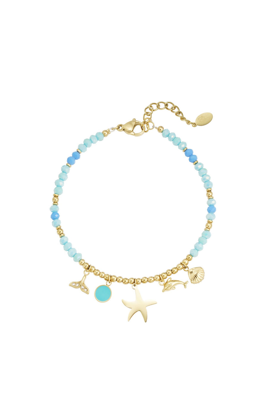 Maritimes Armband mit verschiedenen Perlen in verschiedenen Blautönen und goldenen Perlen und goldenen Anhängern mit Delfin und Seestern.