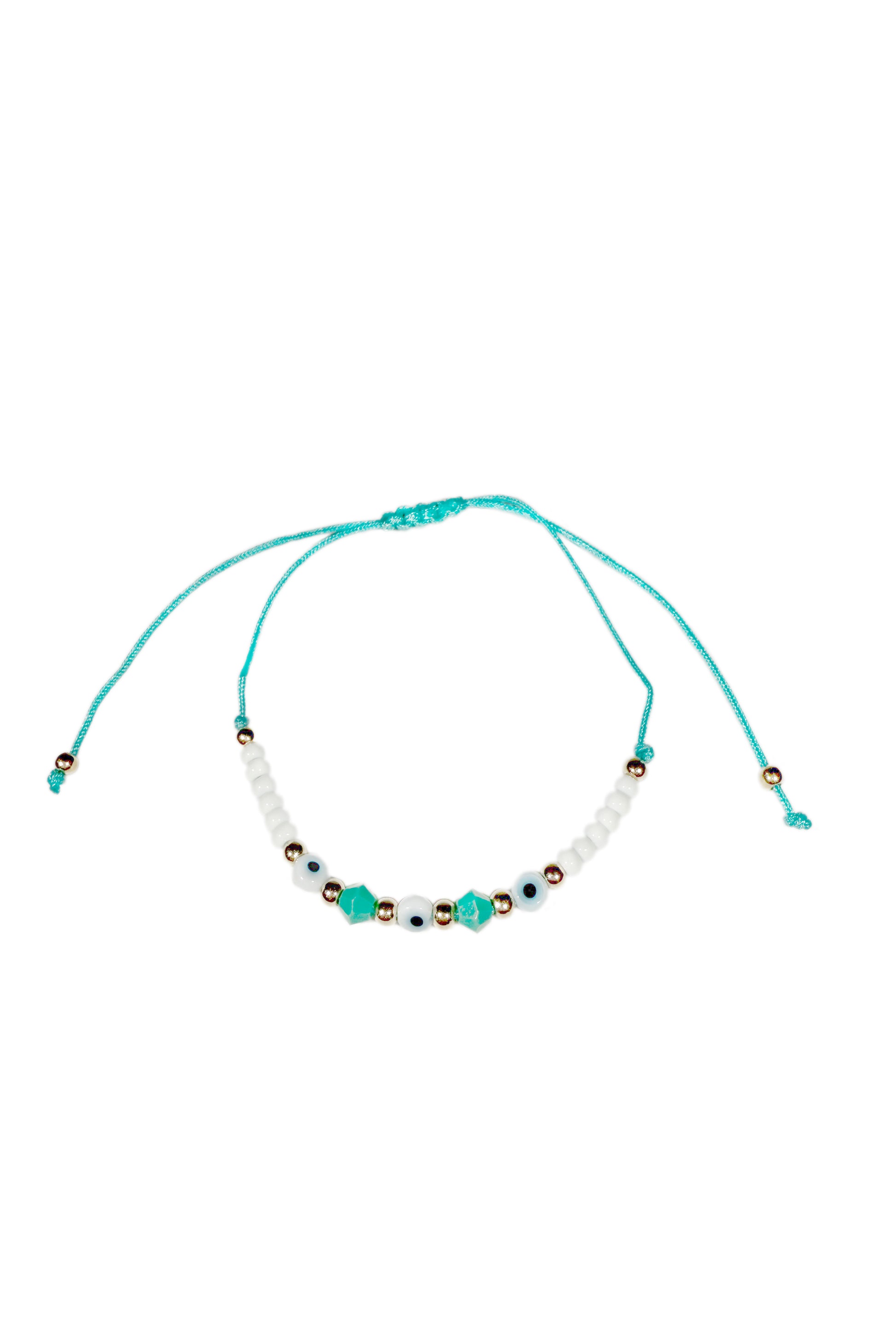 Türkises Stoffarmband mit goldenen, weißen und türkisen Perlen mit integriertem Nazar Auge.