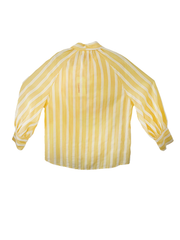 Langärmelige hellgelbe Bluse mit weißen Streifen undSchleife am Hals.