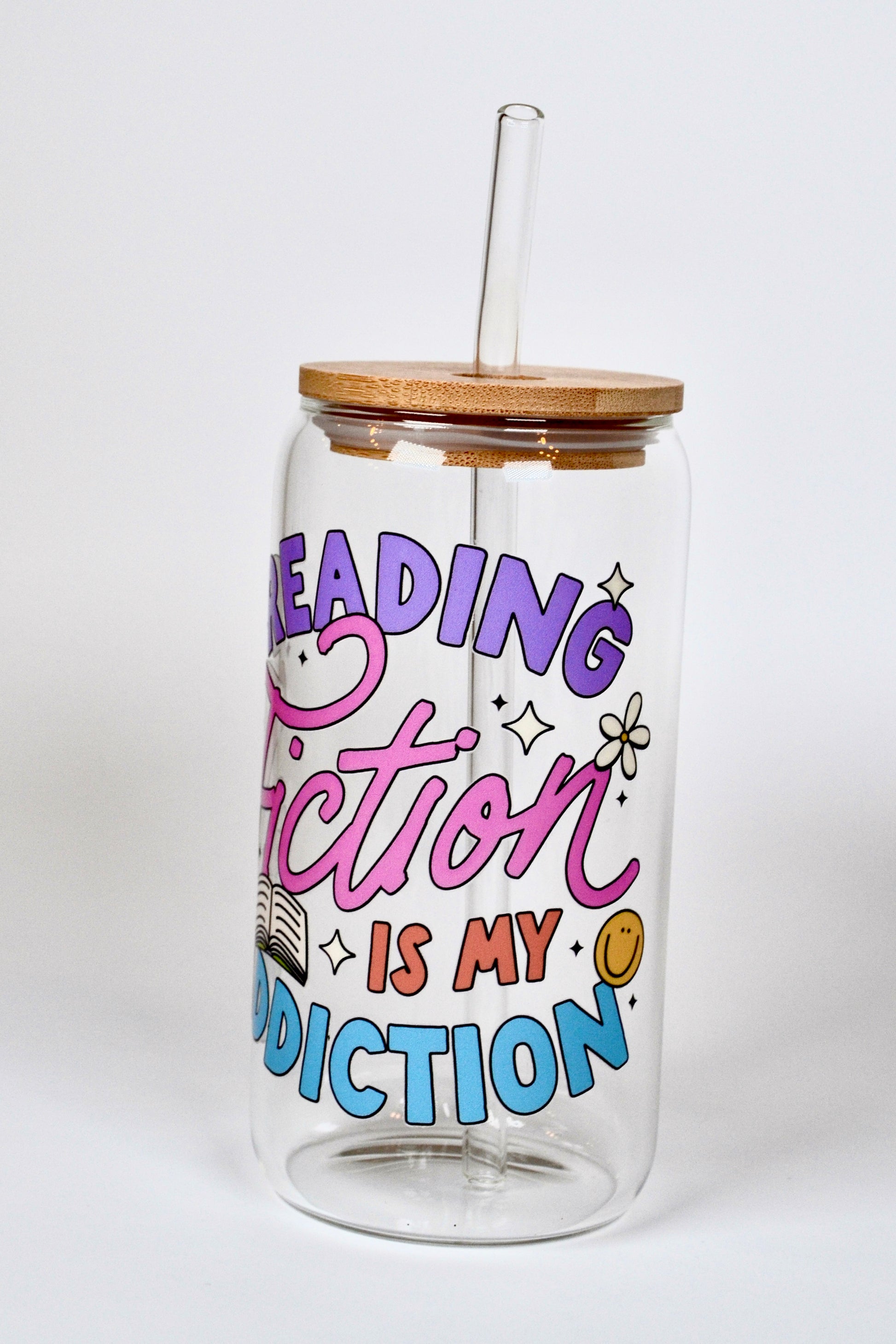 Glasbecher Fiction is Addiction Bambusdeckel Glasstrohhalm 500ml | useful Beauty - useful Beauty 