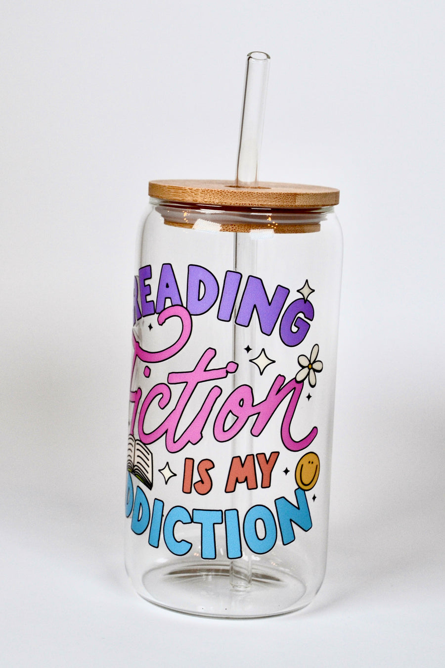 Glasbecher Fiction is Addiction Bambusdeckel Glasstrohhalm 500ml | useful Beauty - useful Beauty 
