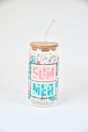 Glasbecher Summer Vibes Bambusdeckel Glasstrohhalm 500ml | useful Beauty - useful Beauty 