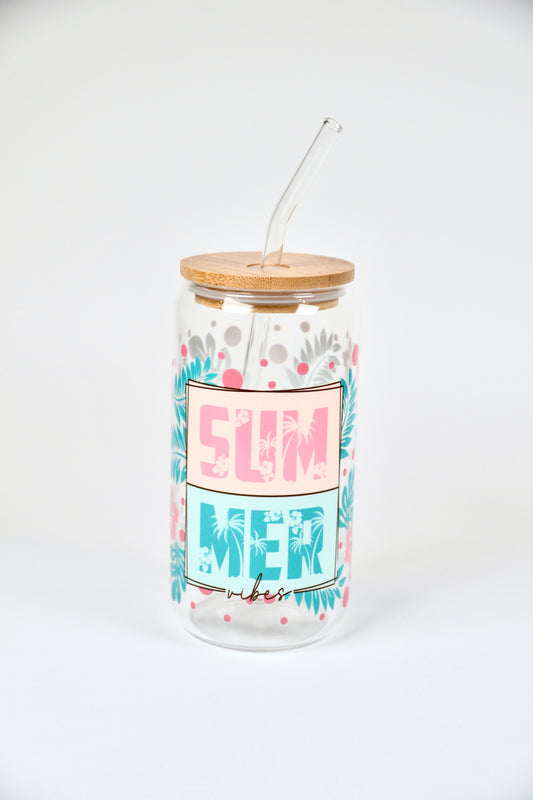 Glasbecher Summer Vibes Bambusdeckel Glasstrohhalm 500ml | useful Beauty - useful Beauty 