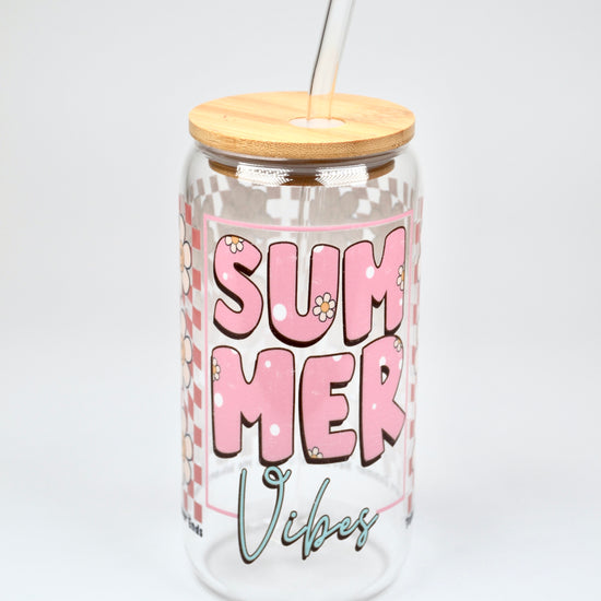 Glasbecher Pink Summer Bambusdeckel Glasstrohhalm 500ml | useful Beauty - useful Beauty 