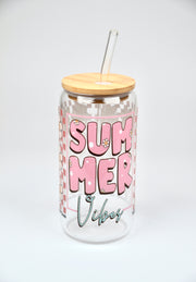 Glasbecher Pink Summer Bambusdeckel Glasstrohhalm 500ml | useful Beauty - useful Beauty 