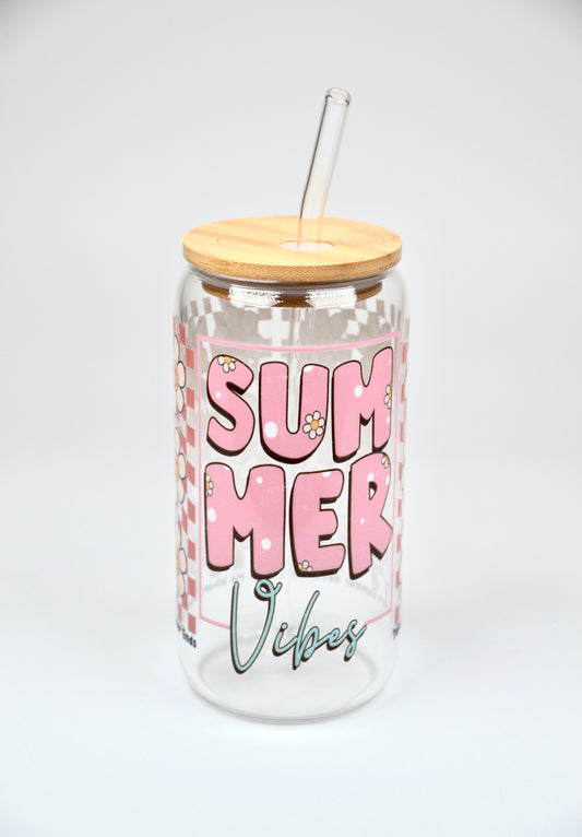 Glasbecher Pink Summer Bambusdeckel Glasstrohhalm 500ml | useful Beauty - useful Beauty 