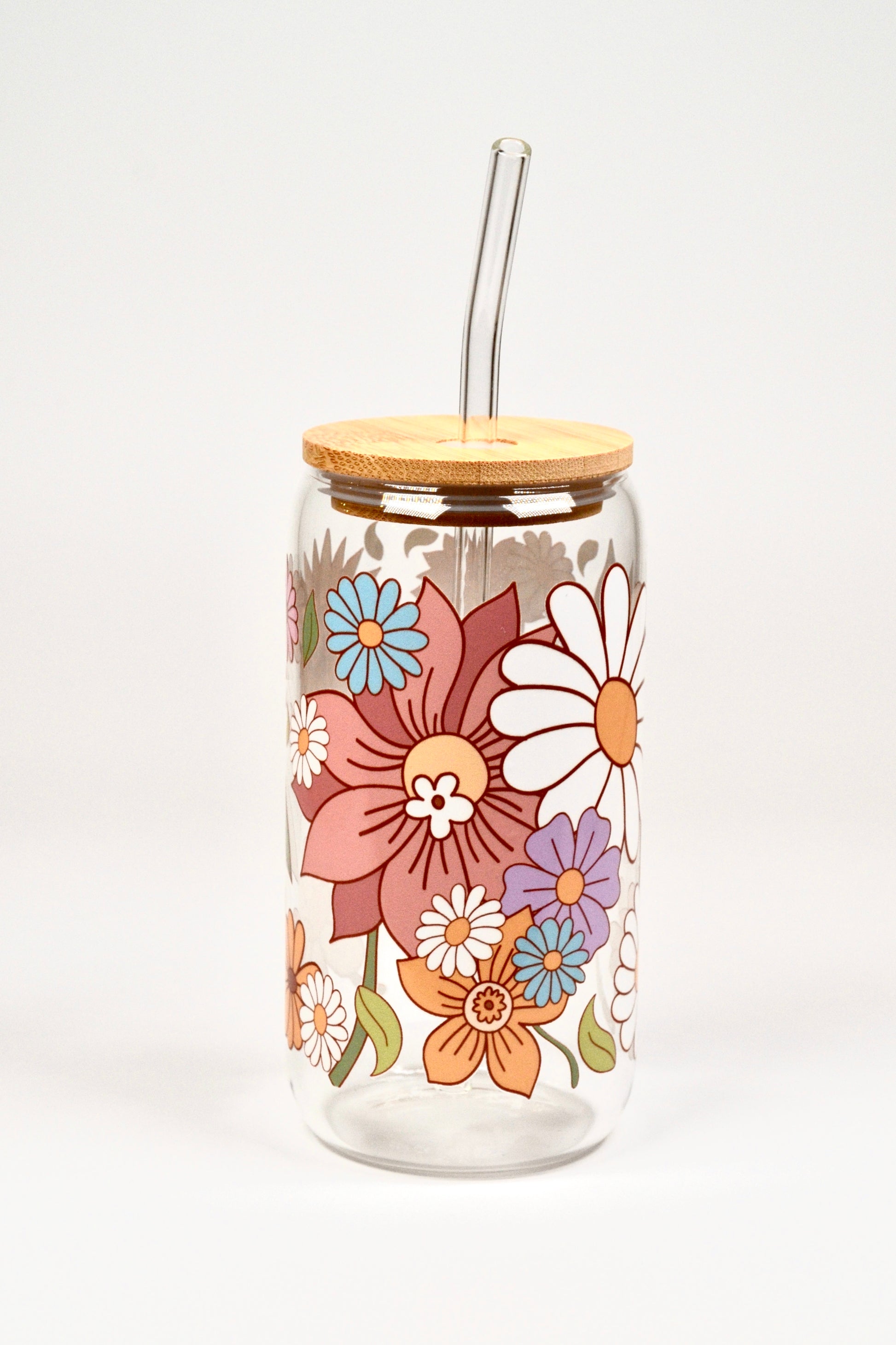 Glasbecher Flowerpower Bambusdeckel Glasstrohhalm 500ml | useful Beauty - useful Beauty 