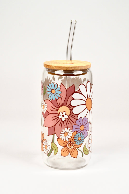 Glasbecher Flowerpower Bambusdeckel Glasstrohhalm 500ml | useful Beauty - useful Beauty 