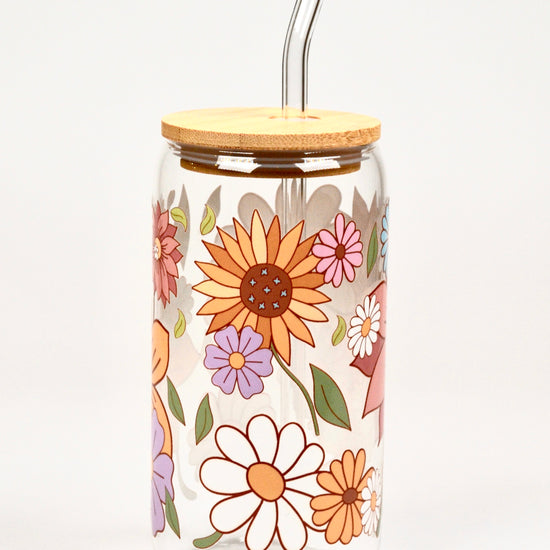 Glasbecher Flowerpower Bambusdeckel Glasstrohhalm 500ml | useful Beauty - useful Beauty 