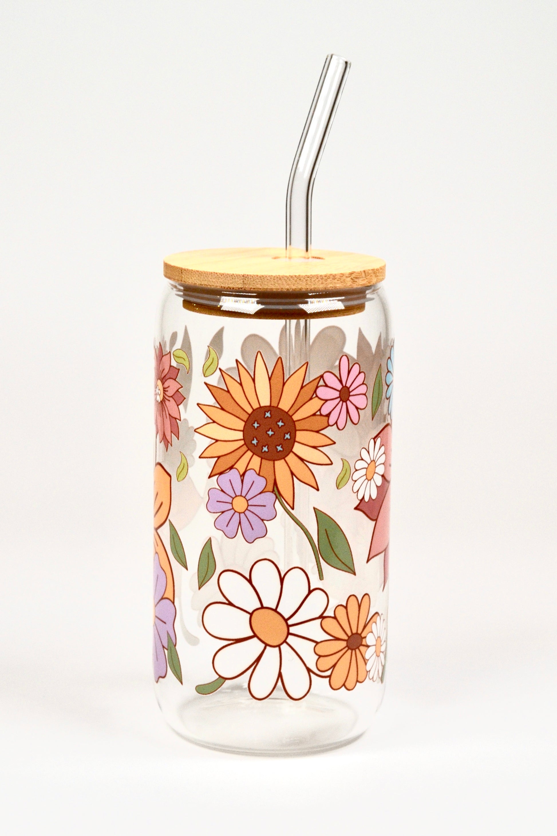 Glasbecher Flowerpower Bambusdeckel Glasstrohhalm 500ml | useful Beauty - useful Beauty 