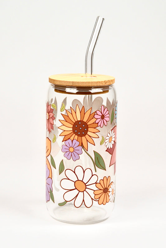 Glasbecher Flowerpower Bambusdeckel Glasstrohhalm 500ml | useful Beauty - useful Beauty 