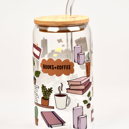 Glasbecher Books´ndCoffee Bambusdeckel Glasstrohhalm 500ml | useful Beauty - useful Beauty 