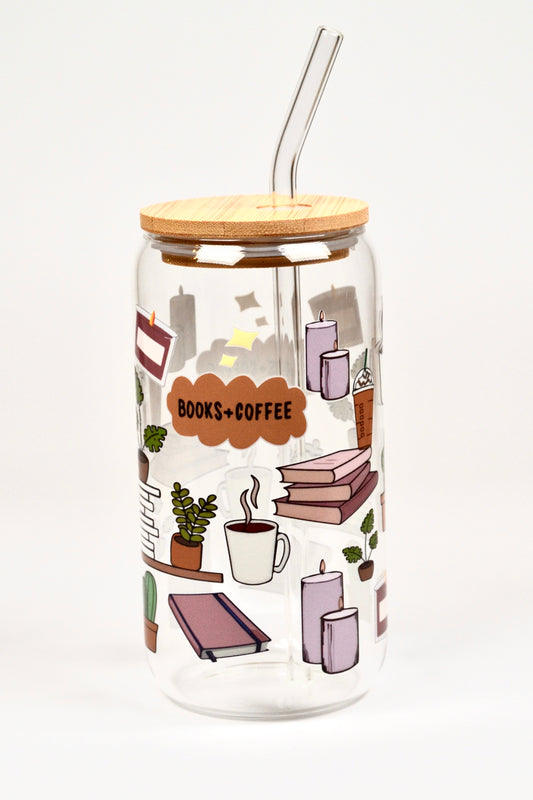 Glasbecher Books´ndCoffee Bambusdeckel Glasstrohhalm 500ml | useful Beauty - useful Beauty 