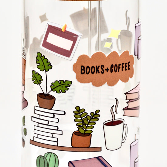 Glasbecher Books´ndCoffee Bambusdeckel Glasstrohhalm 500ml | useful Beauty - useful Beauty 