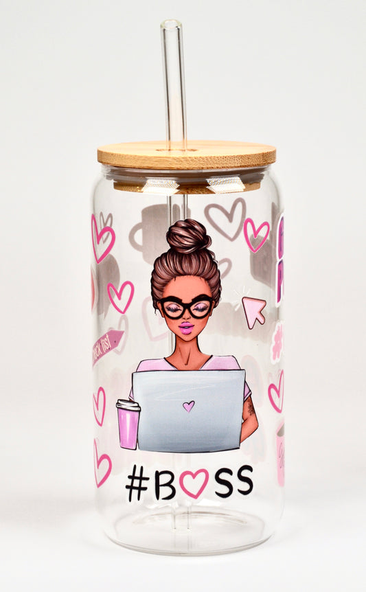 Glasbecher Boss Babe Bambusdeckel Glasstrohhalm 500ml | useful Beauty - useful Beauty 