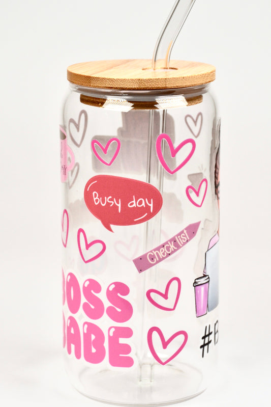 Glasbecher Boss Babe Bambusdeckel Glasstrohhalm 500ml | useful Beauty - useful Beauty 