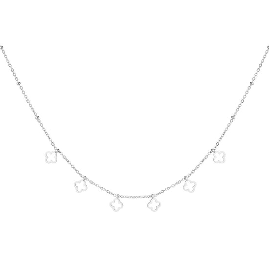 Silberne Edelstahl Halskette mit 6 Kleeblatt Anhängern.