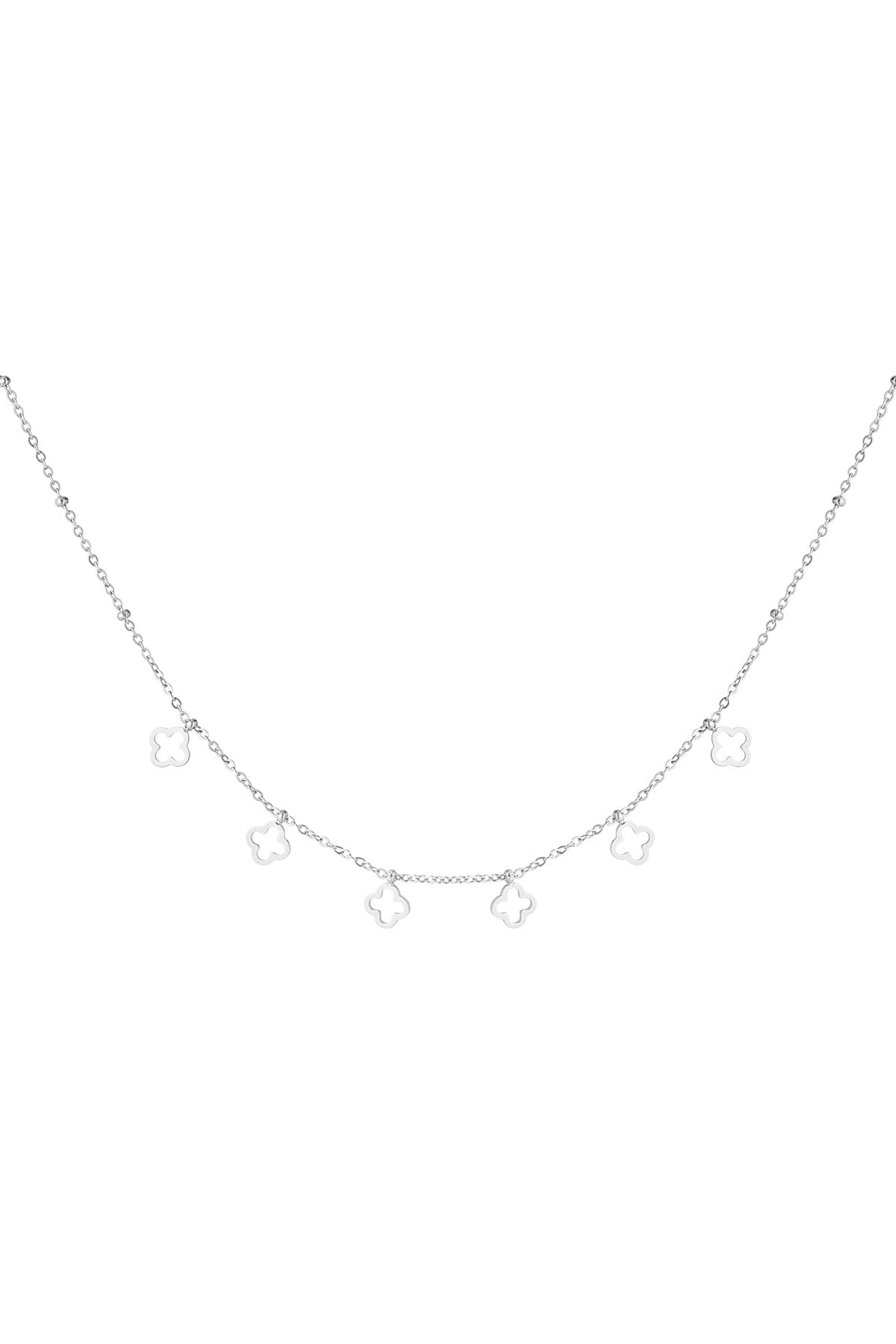 Silberne Edelstahl Halskette mit 6 Kleeblatt Anhängern.