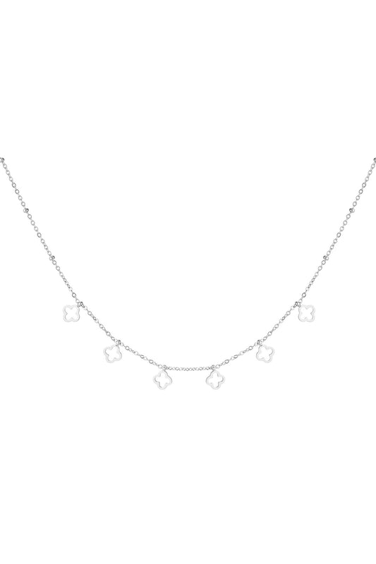 Silberne Edelstahl Halskette mit 6 Kleeblatt Anhängern.