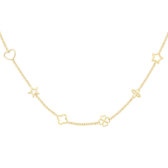 Filigrane feine Edelstahl Halskette mit Blumen und Kleeblättern und Herz in Gold.