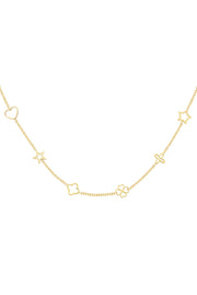 Filigrane feine Edelstahl Halskette mit Blumen und Kleeblättern und Herz in Gold.