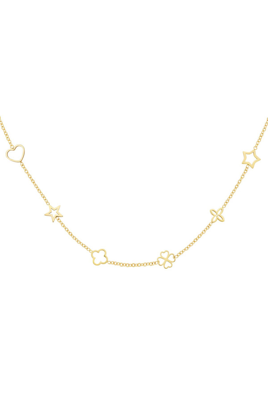 Filigrane feine Edelstahl Halskette mit Blumen und Kleeblättern und Herz in Gold.