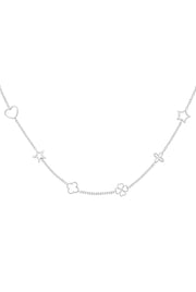 Filigrane feine Edelstahl Halskette mit Blumen und Kleeblättern und Herz in Silber.