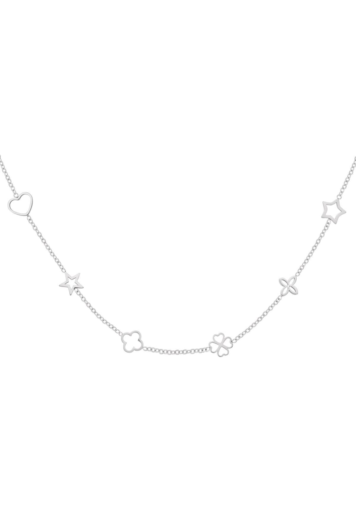 Filigrane feine Edelstahl Halskette mit Blumen und Kleeblättern und Herz in Silber.