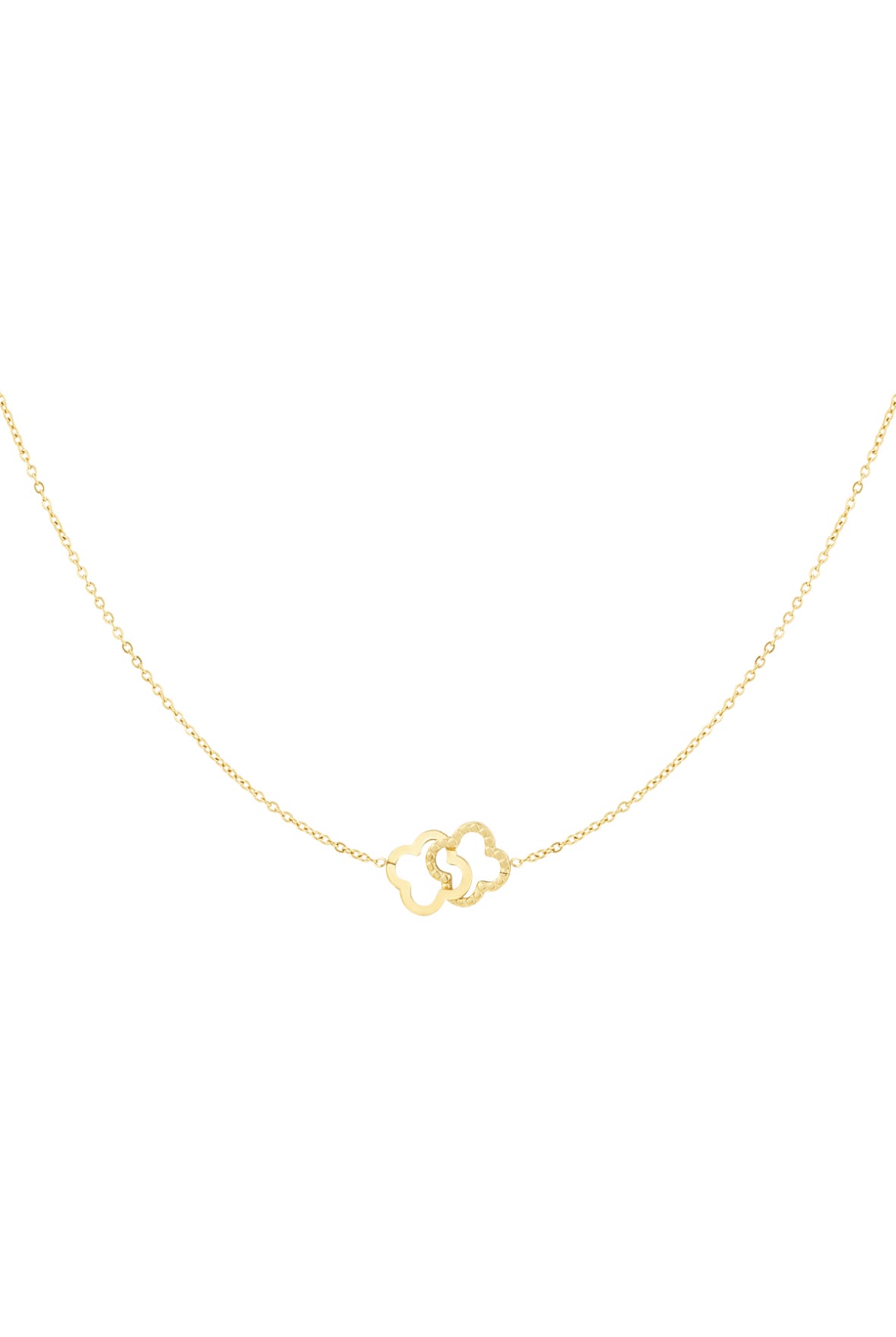 Goldene Edelstahl Halskette mit zwei verbundenen Kleeblättern.