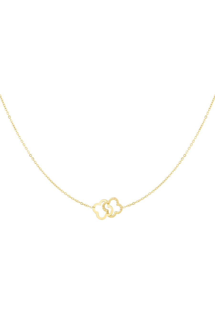 Goldene Edelstahl Halskette mit zwei verbundenen Kleeblättern.