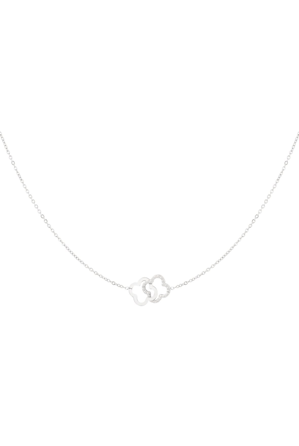 Silberne Edelstahl Halskette mit zwei verbundenen Kleeblättern.
