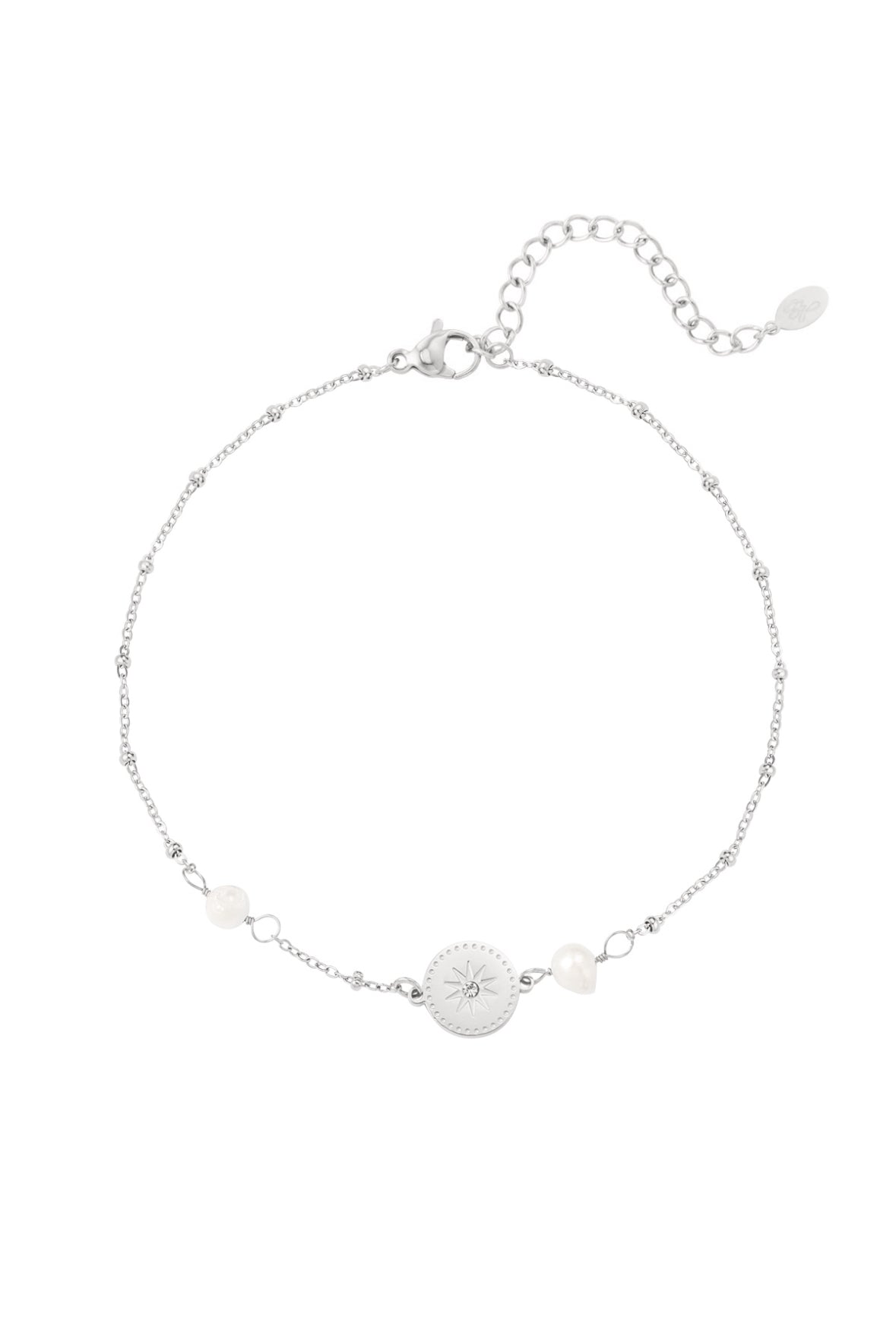 Feines Edelstahl Fußkettchen mit Süßwasserperlen und Anhänger mit integriertem Zirkoniastein in silber.