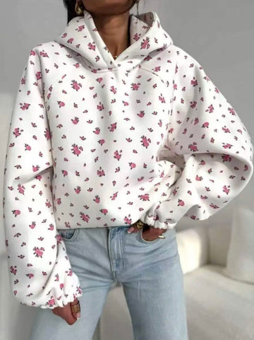 oversized Hoodie Weiß mit rosa Rosen