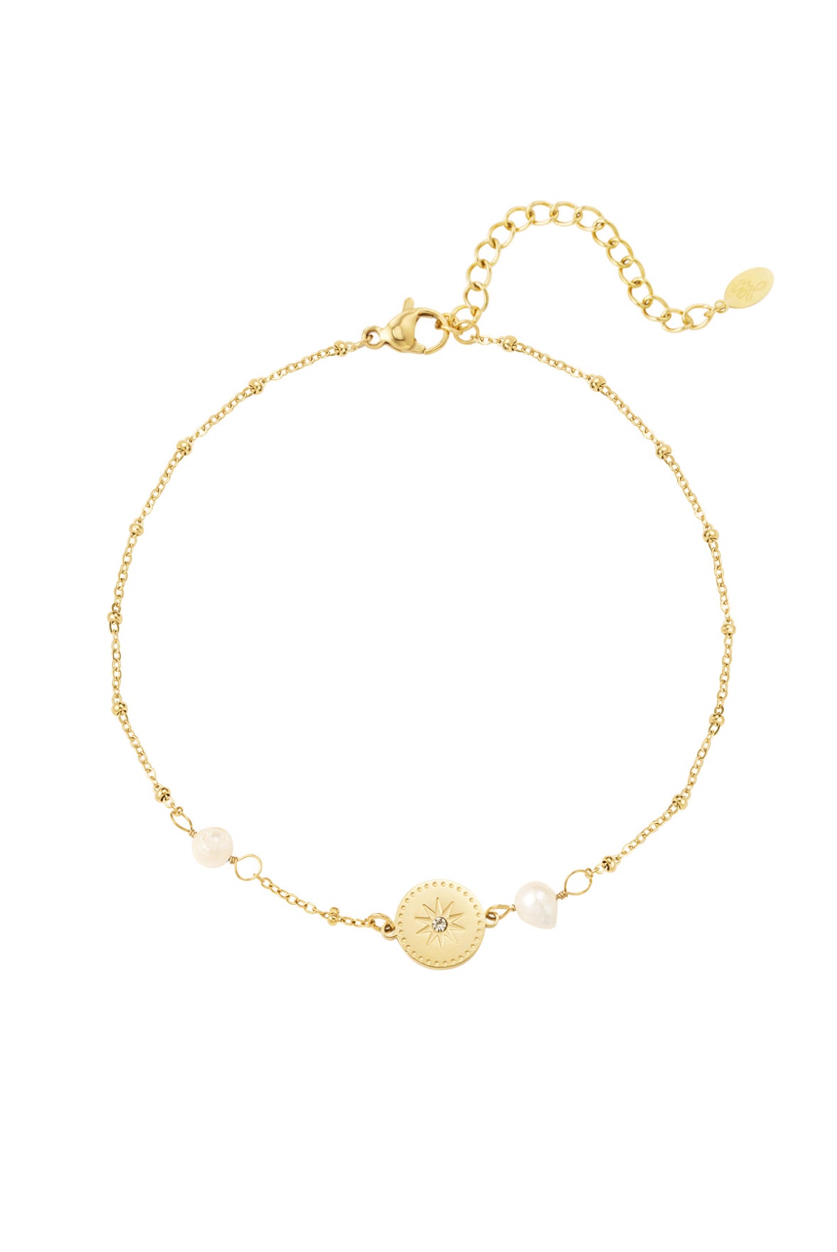 Feines Edelstahl Fußkettchen mit Süßwasserperlen und Anhänger mit integriertem Zirkoniastein in gold.