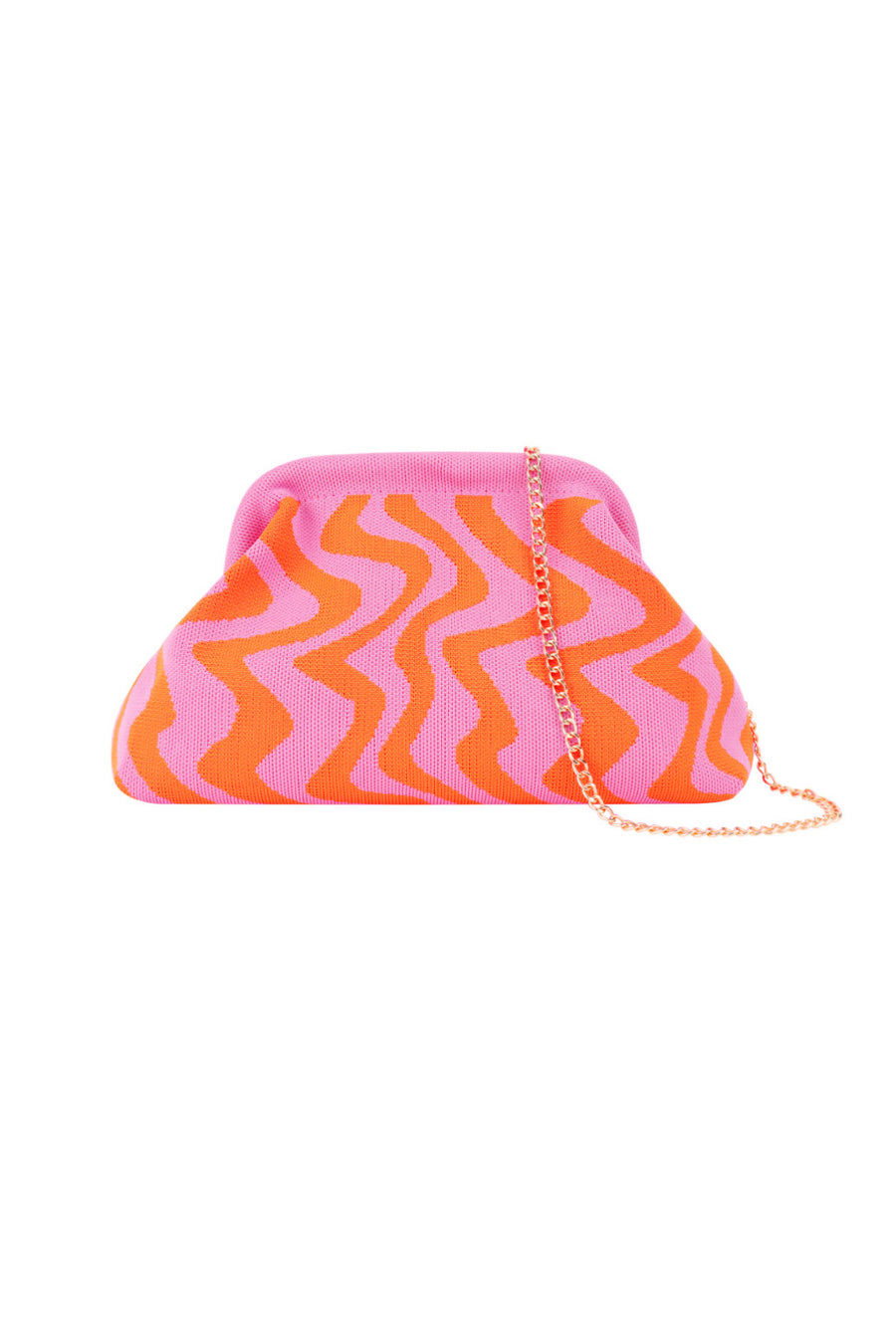 Coole Stoffhandtasche mit Wellenartigem Muster in Pink Orangen Farben und goldener dünner Trage Kette.