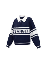 Damen Strickpullover Blau mit Kragen und Aufschrift Los Angeles – weicher Strick, Größe S-L