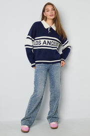 Damen Strickpullover Blau mit Kragen und Aufschrift Los Angeles – weicher Strick, Größe S-L
