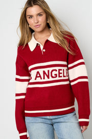Damen Strickpullover Rot mit Kragen und Aufschrift Los Angeles – sehr weicher Strick, Größe S-L
