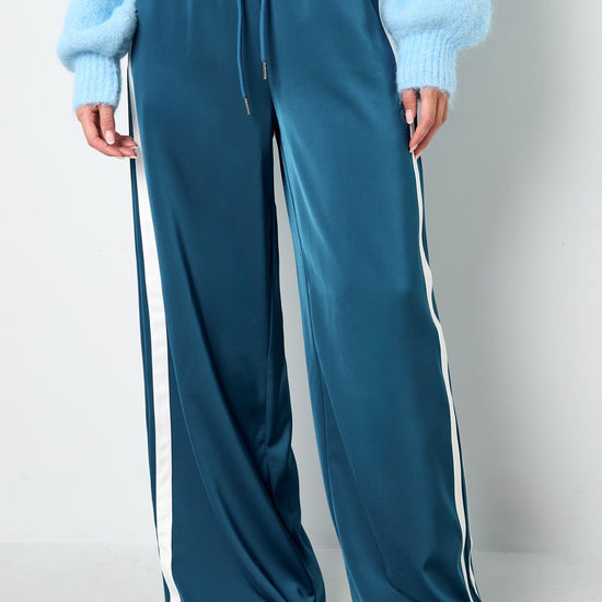 Damen Hose in Dunkelblau mit weißen Seitenstreifen – modische Wide-Leg Pants, Größe S-L