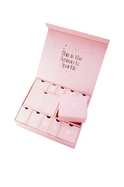 Adventskalender Schmuck Gold – edle Geschenkbox in Rosa mit goldener Aufschrift Christmas Countdown